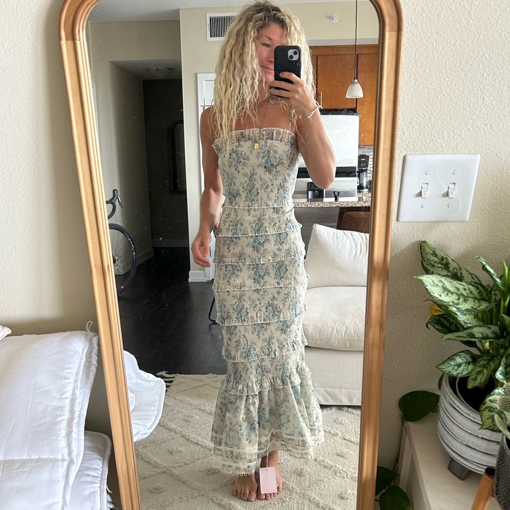 V. Chapman Cream and Light Blue Strapless Tiered Midi Dress